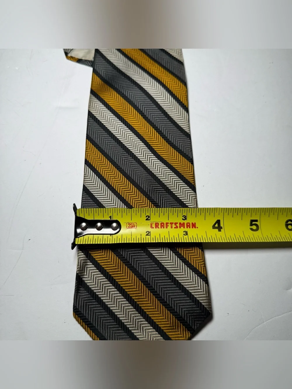 Vintage Yves Saint Laurent Silk Tie Gold Grey Black Herringbone Striped YSL 3.5